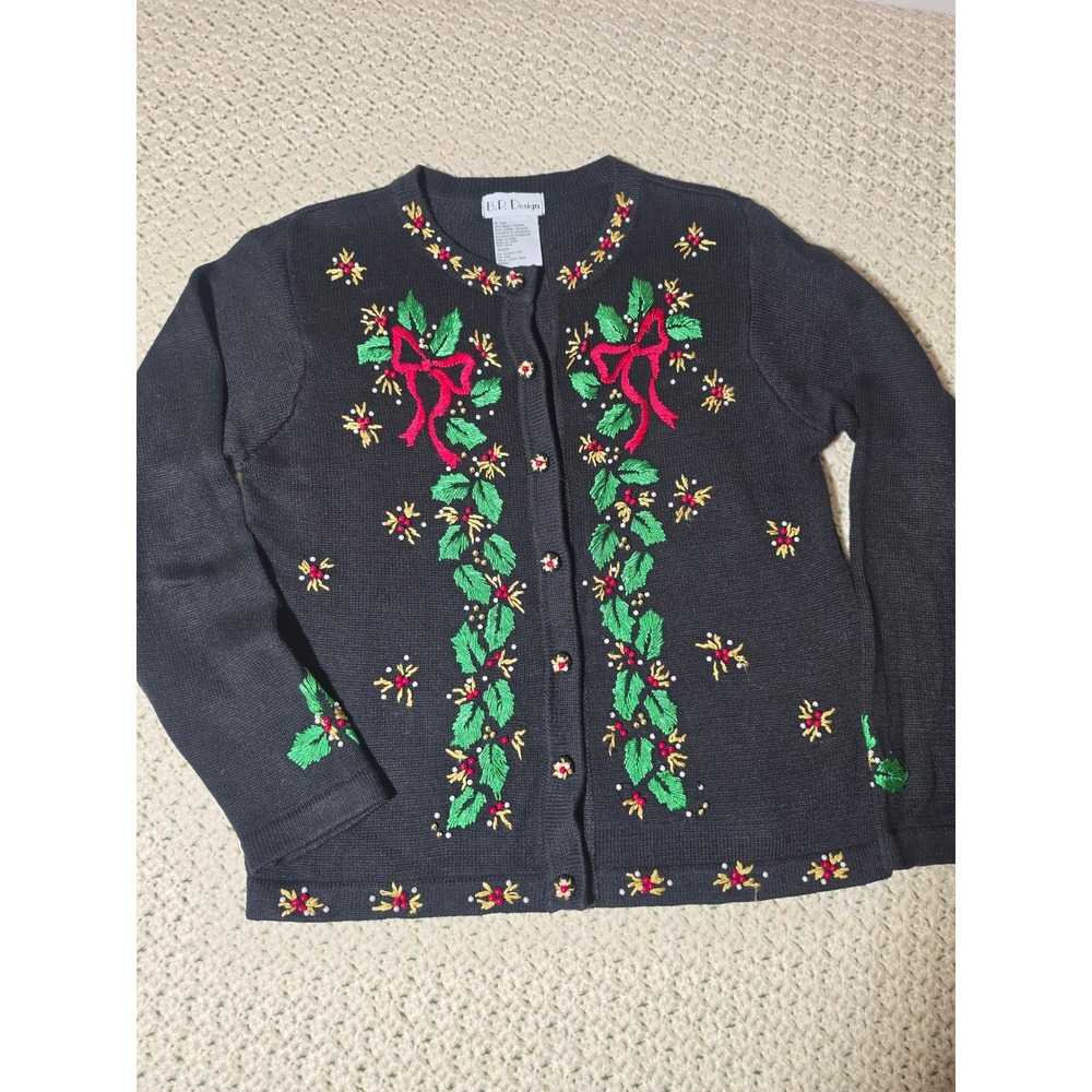 B.P. Design Cardigan Women Small Black Excellent Christmas Holly Embroidered